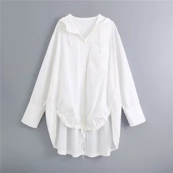 Jesień lato kobiety Biały Za długa odzież wolna kurtka elegancka dama w pasie sznurek jednorzędowy z kapturem popelina topy mujer