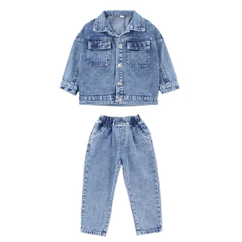 Jesień wiosna 2019 zestawy ubrań dla chłopców i dziewcząt modna jeansowa kurtka jeans zestaw z 2 przedmiotów dla dzieci komplet dla dzieci 3-8 lat, kostium
