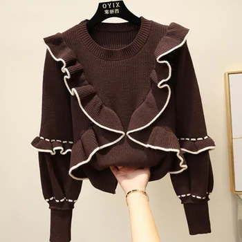 Jesień zima damska top koreański styl ruffle uszyć sweterek sweter nowy latarnia rękaw z dzianiny szczyty GX283