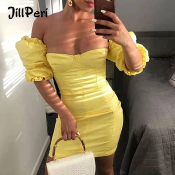 JillPeri Women Low Slash Neck Solid Yellow Short Puff Sleeve Dress Off the Shoulder Multi-Way Outfit Celebrity Party Mini Dress