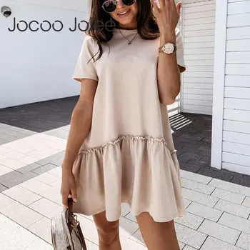 Jocoo Jolee Casual Short Sleeve Shirt Dress Elegant Puff Elegant Dress Sukienka Solid Mini Dress Summer Beach Holiday Loose Dress
