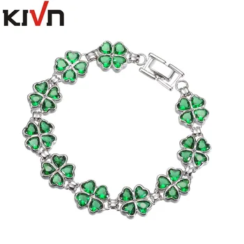 KIVN moda damska biżuteria szczęście czterolistna koniczyna zielony CZ sześciennych cyrkon bransoletki ślubne matki Urodziny prezenty