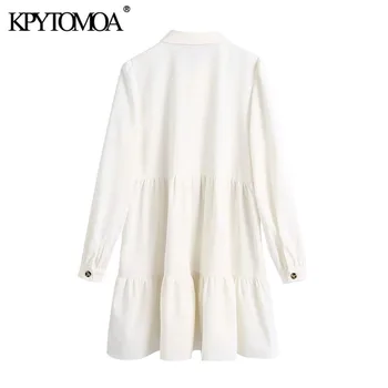 KPYTOMOA Women 2020 Sweet Fashion Ruffled Corduroy Mini Dress Vintage tekstylny kołnierz długi rękaw z guzikami sukienki damskie Mujer