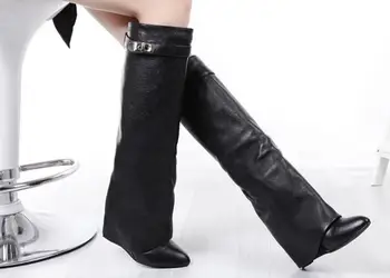 Klin rekin zamek kobiety kolana wysokie buty Slip-on Fold Over Lady motocyklowe buty zwiększenie wysokości kobieta oryginalne skórzane buty