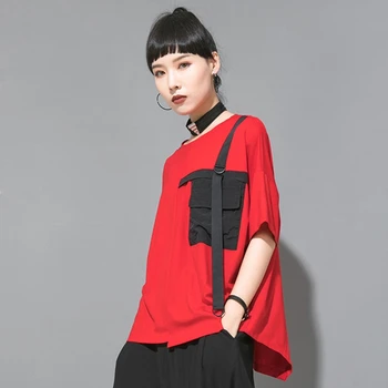 Kobiety Czarny Kontrast, Kolor T-Shirt Nieregularne Patchwork Kieszeni 2021 Letnia Odzież Temat Casual Krótki Rękaw T-Shirt Topy Moda