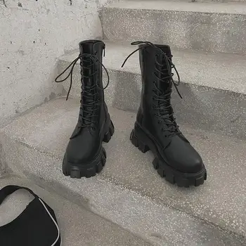Kobiety wojskowe buty bojowe kobieta zasznurować buty gotycki toe platforma skóra masywny obcas buty moda Botas Mujer nowy