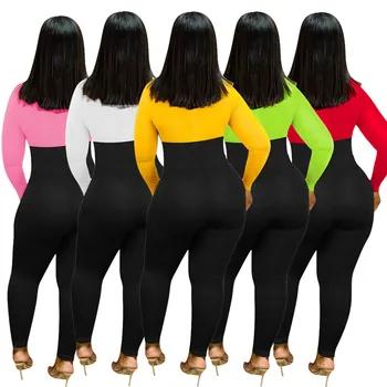 Kobiety Łopaty Drukowanych Owinąć Kombinezon Okrągły Dekolt Z Długim Rękawem Kolor Bloku Długie Suwaki Spodnie 2020 Sexy Jesień Wiosna Skinny Body
