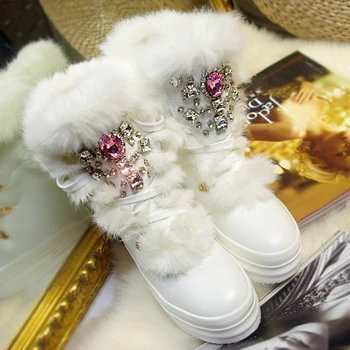 Koovan damskie buty zimowe 2020 handmade Biały rycie futro wiertarka ciepłe zimowe buty rhinestone diament gruba podeszwa buty Damskie