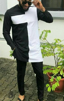 Koszule z o-neck czarno-białe patchwork i gładkie spodnie krawiec wykonane spodnie zestawy afrykańskich tradycyjnych garniturów męskich pana młodego