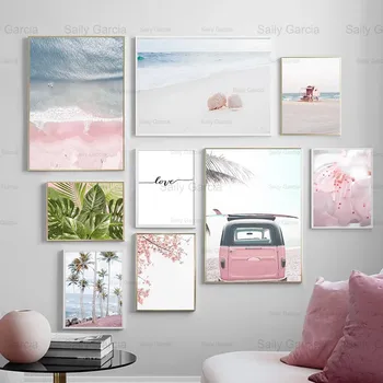 Krajobraz Morze Plaża Płótno Malarstwo, Niebo, Palma Kokosowa, Różowy Kwiat Dekoracji Samochodu Główny Salon Tapety Sztuka Drukowania Zdjęć