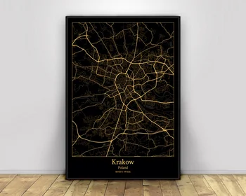 Kraków Polska Black&Gold City Light Custom Maps World City Map Plakaty Druk Na Płótnie Nordic Style Wall Art Home Decor