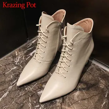Krazing Pot nowa skóra naturalna modne buty na szpilki z ostrym czubkiem na wysokim obcasie zimowa ciepła moda koronki Damskie botki L17