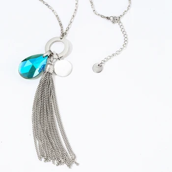 Kropla wody niebieski Kryształ długie frędzle łańcuch wisiorek naszyjnik dla kobiet elegancki sweter łańcuch naszyjnik ze stali nierdzewnej biżuteria nowy