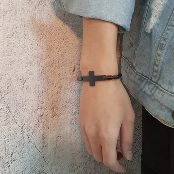 Krzyż ze stali nierdzewnej mężczyzna bransoletka czarny pleciony ręcznie robione bransoletki