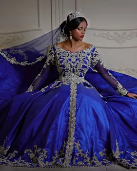 Królewski Niebieski Vestidos De Fiesta Arabskie Tradycyjne Suknie Ślubne Suknia Z Długimi Rękawami Suknie Ślubne Robe De Soirée De Mariage