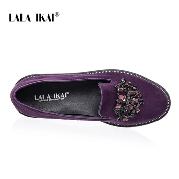 LALA IKAI Woman Flock Crystal Decoration Platform Loafers płaska platforma okrągły nosek wygodne buty bez zapięcia 014A0301 -4