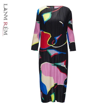 LANMREM lato nowe sukienki famale 2021 moda kontrastowy kolor patchwork drukowanych O-neck trzy czwarte rękawy YJ324