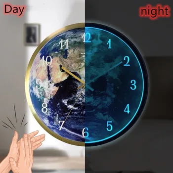 LED światło i dźwięk podwójna kontrola świecące zegar ścienny creative earth home clock salon ozdobne zawieszki zegarki