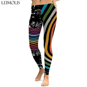 LEIMOLIS sexy Rainbow Stripe black print push up leggings plus size women fitness workout punk high waist elastan leggins