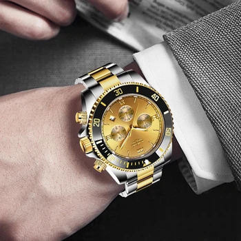 LIGE zegarek męski biznes wodoodporny data zegarek moda wielofunkcyjny stal nierdzewna Złoty zegarek kwarcowy Relogio Masculino+pudełko