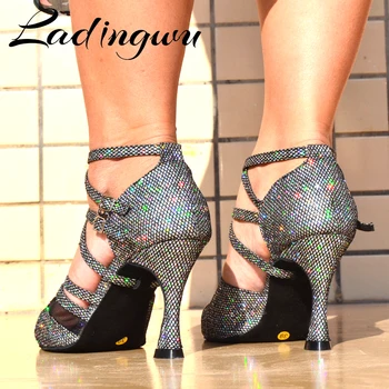 Ladingwu Brands Latin Dance Shoes Ladys Ballroom Dance Shoes Salsa Tango Party Profession Dance Shoes Ciemno-Szara Lampa Błyskowa Tkaniny
