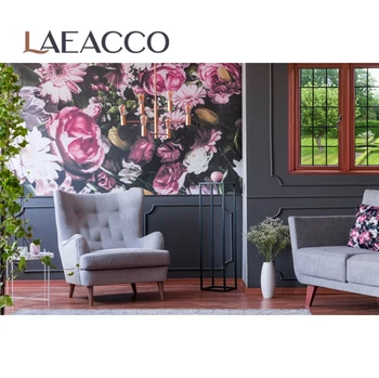 Laeacco Stary Salon Elegancka Ściana Pink Sofa, Drewniana Podłoga Wnętrze Fotograficzne Tło Fotograficzne Tła Photocall Studio Fotograficzne