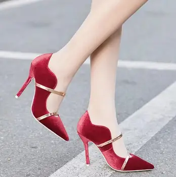 Lato nowy marka kobiety metalik skóra-wykończona aksamit szpilki obcasy partii pompy buty poślizgu na мулах czarny czerwony duży rozmiar 35-42