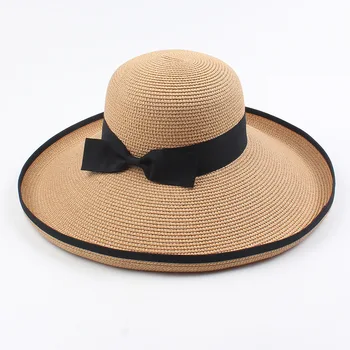 Letnia czapka dla kobiet, plażowa, słoneczna kapelusz słomkowy z kokardą kapelusz Panama Fedor z szerokim rondem UV-ochrona letnia czapka dla kobiet H20