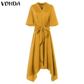 Letnia długa sukienka VONDA 6 kolorów Kobiece vintage V neck z wysokim stanem pas asymetryczne sukienka 2021 Party Vestido Robe Femme Plus Siz