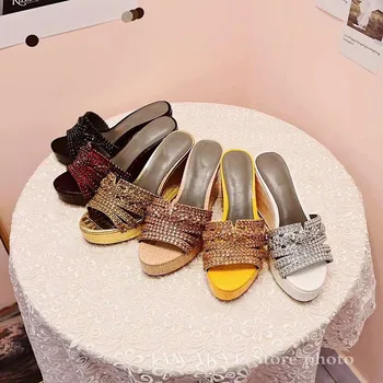 Letnie luksusowe rhinestone Klin kapcie kobiety Bling Bling wysoki obcas platforma muły Kryształ obuwie plażowe kobiety 2020 nowe sandały