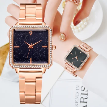 Luksusowe Zegarki Dla Kobiet Rhinestone Gwiaździste Niebo Różowe Złoto Prosta Moda Casual Zegarek Lady Kwadratowe Zegarki Relogio Feminino