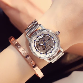Luksusowej Marki Szkielet Szafirowe Szkło Damskie Zegarek Mechaniczny Zegarek Reloj Mujer Modne Eleganckie Damskie Zegarki Montre Femme