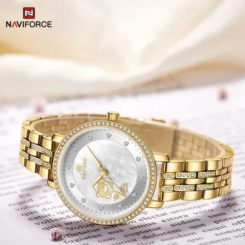 Luksusowej marki NAVIFORCE Gold Women Zegarki Fashion Elegant Ladies zegarek Kwarcowy Creative with Diamonds watch wodoodporny zegarek