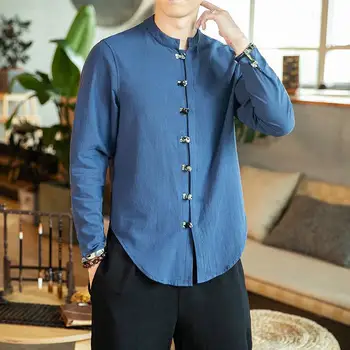 M-5XL rozmiar plus rocznika męskie biurowe koszule z długim rękawem chiński kołnierz однобортные lniane koszule dla mężczyzn jesień odzież uliczna