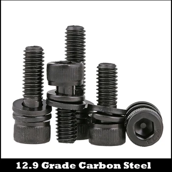 M10 M10*25/30 M10x25/30 12.9 Grade Black Carbon Steel Allen Head Hexagon Socket Bolt Spring Plain Washer Assembly Screw Set