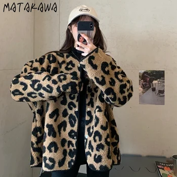 MATAKAWA damska kurtka zima 2020 jesień koreański z długim rękawem luźne leopard print imitacja owczej wełny płaszcz kobiety