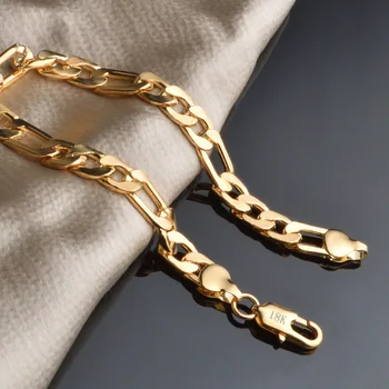 MEEKCAT 2019 Nowy 18 K czysty złoty kolor bransoletka łańcuch 8 mm 21 cm bransoletki Figaro łańcuch dla mężczyzn męska ręka łańcuch Pulseiras de Ouro