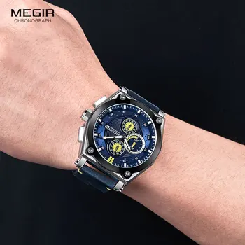 MEGIR niebieski kwarc męskie zegarki top marki Skórzany pasek, Chronograf Sportowy zegarek zegarki męskie Relogio Masculino Reloj Hombre