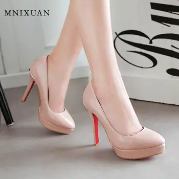 MNIXUAN super Sexy high heels wome shoes 2019 jesień nowa lakierowana skórzana platforma slip on shallow red wedding pumps plus size 43