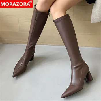 MORAZORA 2021 duży rozmiar 33-43 damskie buty wysokiej jakości jesień zima buty do kolan grube ostre skarpety damskie buty