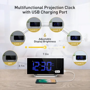 MPOW LED FM zegar Projekcyjny 2 alarm wielofunkcyjny zakrzywiony ekran 5 poziomów jasności wyświetlacza 4 regulowanych dźwięku budzika Wekker
