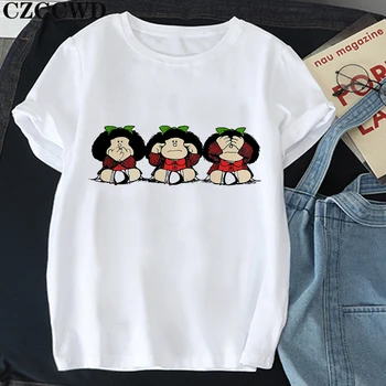 Mafalda koszulka Damska damska O-neck t-shirt Harajuku kreskówka ładny print koszulka Damska casual z długim rękawem Kawaii koszulka Damska