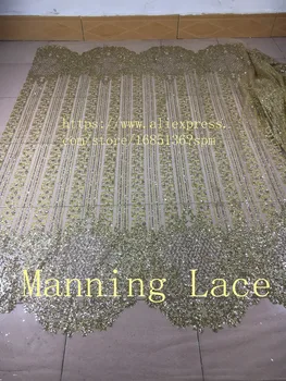 Manning-88049 drukuj ręcznie klejone genialny siatka tiul afrykańska koronki tkaniny do sukni ślubnej srebrnego i złotego koloru