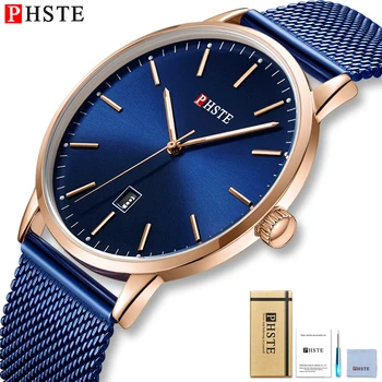 Marka PHSTE zegarek męski cienki zegarek kwarcowy zegarek dla mężczyzn japoński mechanizm podświetlona data wodoodporne cienkie niebieskie stalowe siatki męskie zegarek