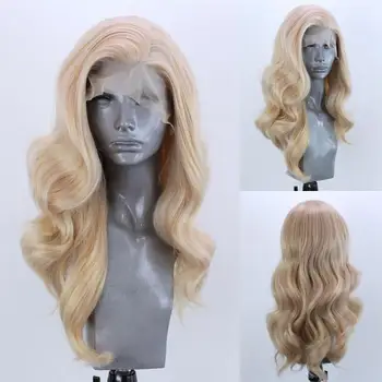 Marquesha Gloden Blonde Syntetyczne Koronki Przednie Peruki Długie Faliste Mieszane Jasne Koronki Przodu Peruk Dla Modnych Kobiet