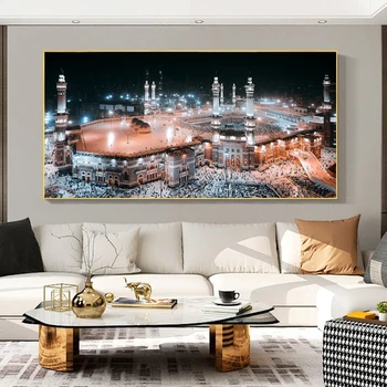 Meczet Mekka Nocny widok na płótnie obrazy na ścianie artystyczne plakaty i druki Kabe Mekke Islamic Art Picture for Living Room Decor