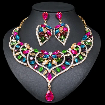 Moda Kryształ oświadczenie naszyjnik i kolczyki zestawy Indyjski ślub biżuteria zestawy dla panny młodej panny młodej kobiece prezenty