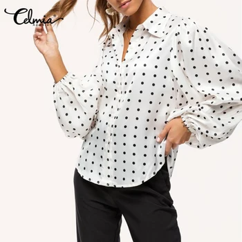 Moda kropki długi lampa rękaw bluzki damskie lapel biurowe koszulki Celmia elegancki Party Top Femme temat puls rozmiar Blusas 7