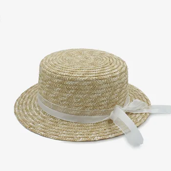 Moda lato słoma dziecko Kentucky Derby płaski kapelusz, słońce dzieci łuk kapelusze dziewczyna plaży kapelusz Шапо Femme świńska ciasto prezent 3-7 lat 54 cm