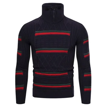 Męska Golf Bawełniany Sweter Jesień Zima Ciepła Gruba Patchwork Moda Odzież Z Długim Rękawem Z Dzianiny Casual Sweter Hombre
